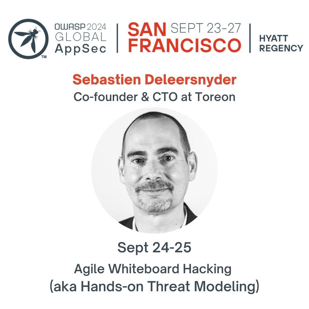 OWASP® Foundation (@owasp) on Twitter photo Global AppSec San Francisco, Sept 23-27 designed for AppSec professionals!
Join <a href="/sebadele/">Seba Deleersnyder</a> for Agile Whiteboard Hacking – a hands-on, 2-day threat modeling training based on real-world projects.
Register👇
eventbrite.com/e/owasp-global…
#AppSec #SanFran #Hacking Global AppSec San Francisco, Sept 23-27 designed for AppSec professionals!
Join <a href="/sebadele/">Seba Deleersnyder</a> for Agile Whiteboard Hacking – a hands-on, 2-day threat modeling training based on real-world projects.
Register👇
eventbrite.com/e/owasp-global…
#AppSec #SanFran #Hacking