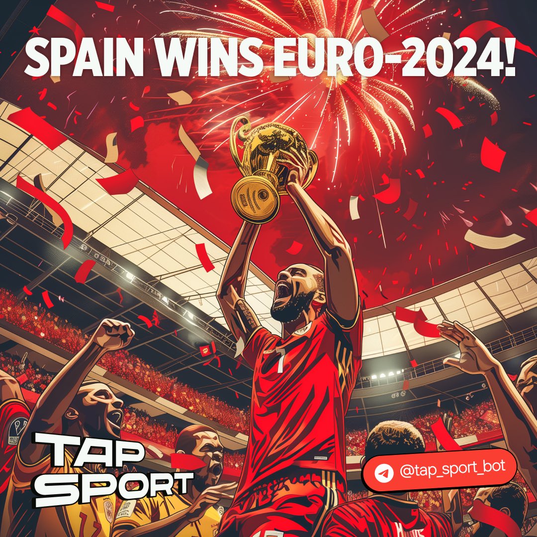 Spain wins Euro-2024!🇪🇸 
Congratulations to everyone who wagered on this team.🥇

Euro’s done, but a lot of cool games are about to come. Keep tapping with Tap Sport!

Grab your prize from a weekly $1000 bank for top-3 referral inviters!

Play and earn: t.me/tap_sport_bot