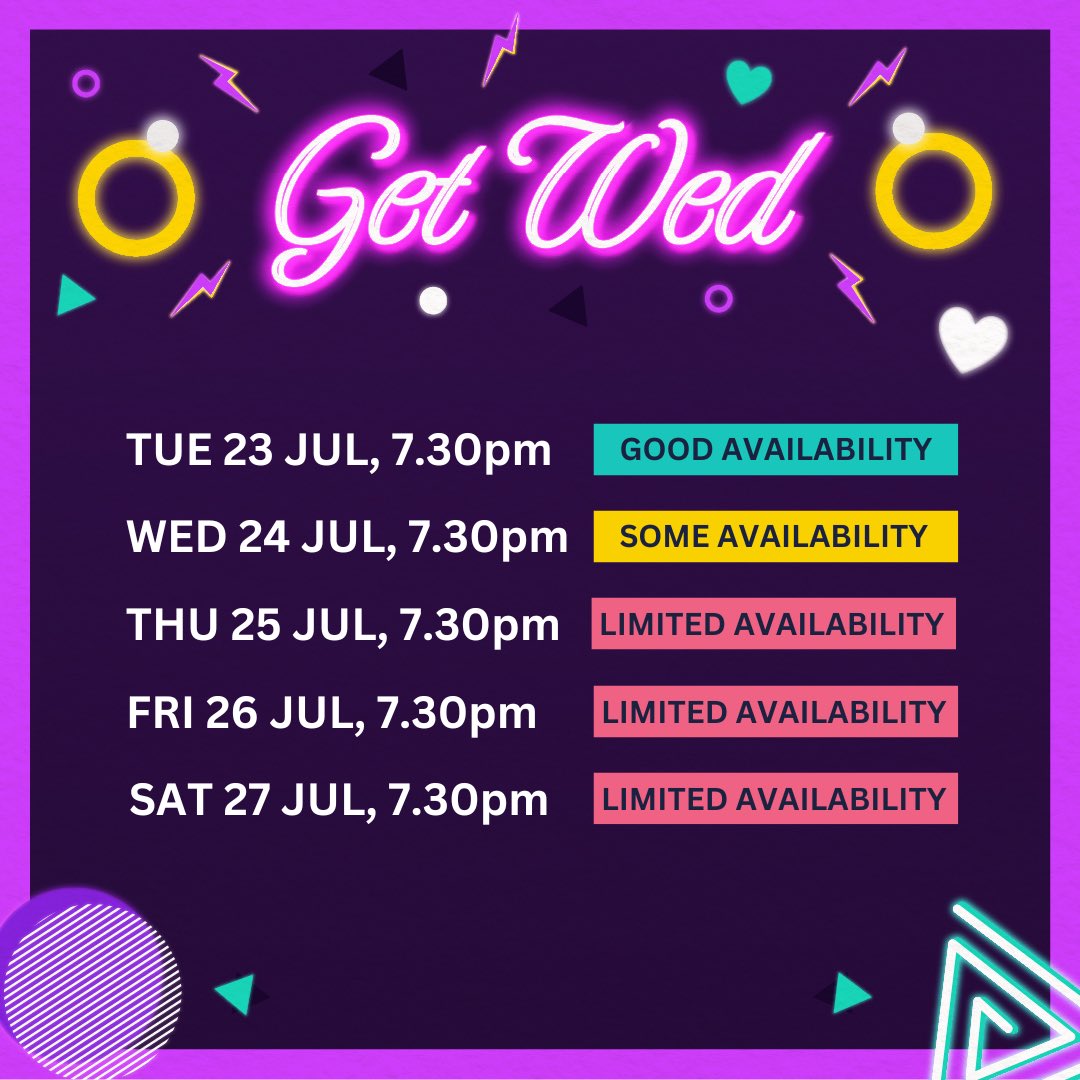 HGtheatre's tweet photo. ⚡️Get Wed ticket availability!⚡️

Get Wed opens next week! 🤩

As you can see tickets are selling fast so don’t delay in booking your seats for Harrogate’s wedding of the year! 👰🤵‍♂️

🗓 TUE 23 - SAT 27 JUL
🎟https://t.co/7fhhow82Hl https://t.co/U4BUd5FUcy
