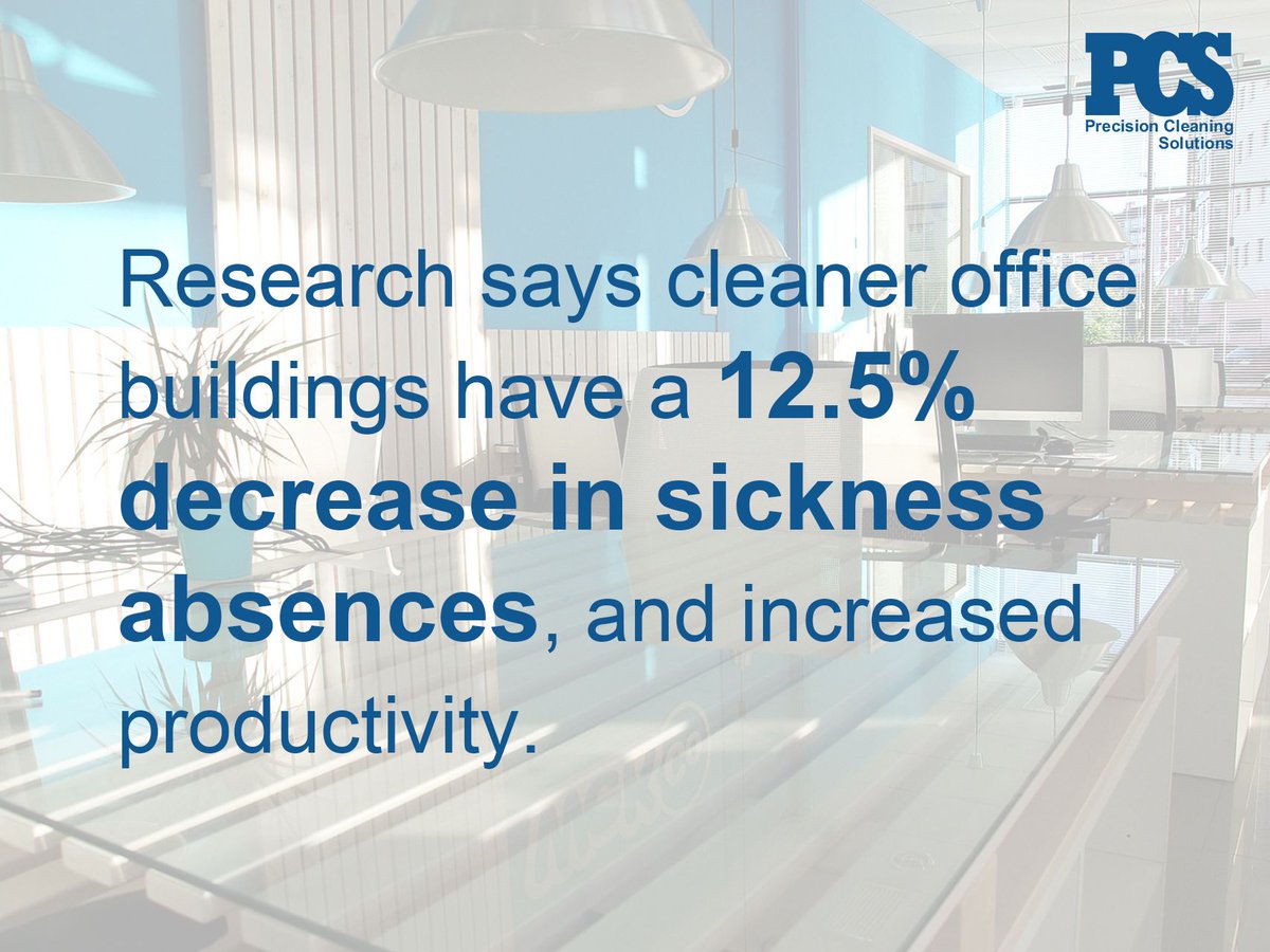 Research has shown that cleaner office buildings have a 12.5% decrease in sickness absences, and increased productivity.

Just one of the tangible benefits of regular commercial cleaning.

buff.ly/3qpOnbS

#commercialcleaning #productivity #leicester