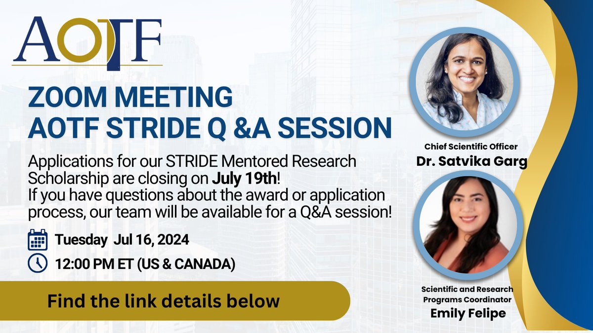 OTJRJournal's tweet photo. 📢Time is running out to apply for the #AOTFSTRIDE Mentored Research Scholarship! Deadline closes July 19th!
Got questions? Join AOTF's Dr. Satvika Garg & Emily Felipe for a live Q&A
🗓️July 16th,
⏰12-1 PM ET
🎧💻https://t.co/tSGss3zyOB
#research #scholarship https://t.co/DlWLHIRJrh