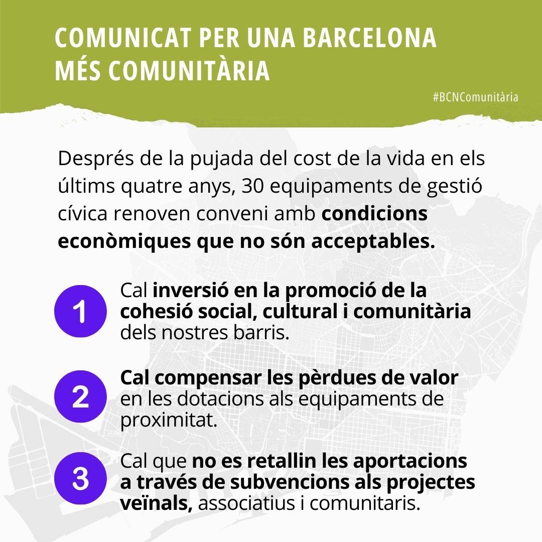🟡 COMUNICAT | Per una #BCNComunitària

Les entitats socials i veïnals que gestionen equipaments públics a Barcelona diuen prou‼️

✊ La @Favbcn juntament amb 30 equipaments de GC i moltes altres entitats rebutgem les condicions dels nous convenis❌

➡️favb.cat/comunicat/per-…