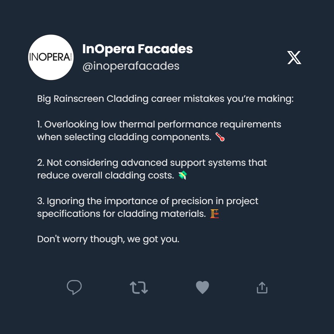 inoperafacades's tweet image. Avoid these common cladding mistakes to save costs and improve performance! Share your experiences or contact us at +44 (0)1727 845 368.

in-operafacdes.com

#CladdingSolutions #ConstructionTips #InOperaFacades