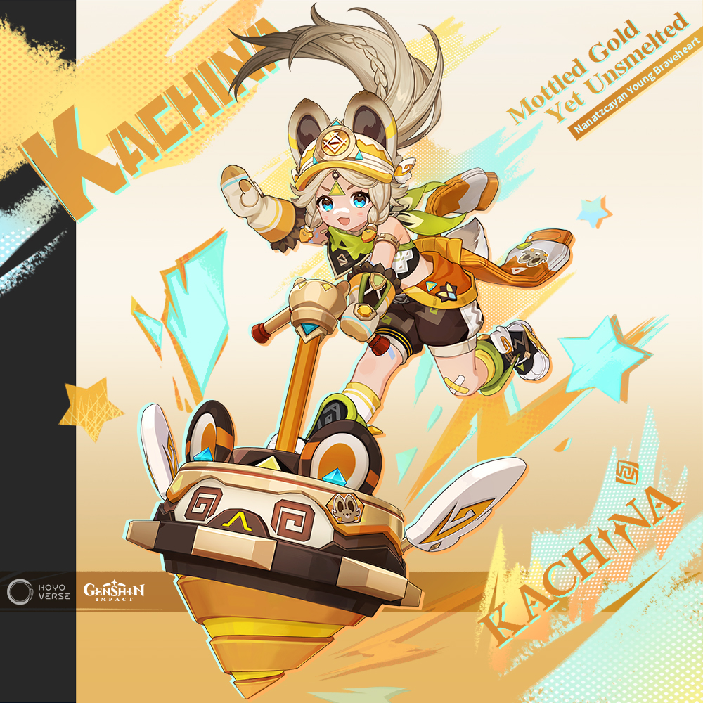 GenshinImpact's tweet photo. #Kachina: Mottled Gold Yet Unsmelted
Nanatzcayan Young Braveheart #GenshinImpact #GenshinNatlan

Just like other younglings of the Children of Echoes, Kachina grew up surrounded by adorable Tepetlisaurs, shiny gems dug up from the depths, and heroic stories passed down by tribal elders. She came to know the mountain paths like the back of her hand, developing a great instinct and skill for searching out the treasures of the earth. In her leisure time, she and her friends would often visit the recording studios where musicians made their music, where they would dance freely to the pulsing rhythms. Growing up in such an environment, the occasional bump or scratch was unavoidable, and when she hurt herself, Kachina would cry out in pain just like any other child. But long before others had recovered from their pain, she would have wiped away her tears and stood back up again.

Of course, she understands why the adults might see her as a good kid — yet she struggles to comprehend why she, of all people, was given the name of "Uthabiti." For as the ancient poem goes:
"The one that dares stand firm as a mountain, their bones like battlements, and hold the sun's gaze — it is they that shall be given unto eternity."

"Fear itself should instead fear me, for my body is like a roaring blaze; destined to melt down all that is mean and lowly, then cast it once more as an epitaph."

What part of her lives up to the lofty spirit embodied by this great name? The young Kachina has yet to figure this out. But having been granted this great honor, she is determined never to give up, no matter how many of her bids at the Pilgrimage of the Return of the Sacred Flame end in vain. Even if it means being ostracized and reproached by her peers, or feeling disappointed, inferior, and at times nearly overwhelmed by landslides of negativity... In the end, she'll wipe it all away along with her tears. Because one thing is for certain — that "Uthabiti" Kachina will never be defeated by her tears.