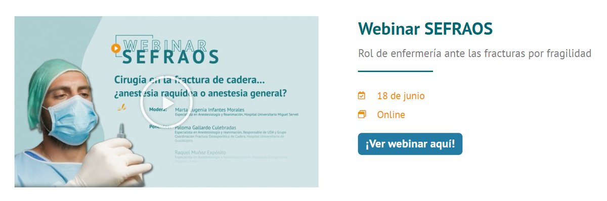 🔶WEBINAR DISPONIBLE EN WEB SEFRAOS🔶

Ya puedes ver en diferido nuestro webinar "Cirugía en la fractura de cadera... ¿anestesia raquídea o general?"

📲sefraos.es/webinar-18-de-…

¡No te pierdas este contenido sobre #anestesia en FX de cadera!