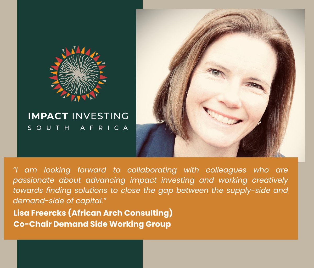 A warm welcome to Lisa Freercks who now heads up the Demand Side at IISA!  

This Working Group represents those seeking impact capital in South Africa (like impact businesses and social enterprises).   

#ImpactInvesting #ImpInv #WorkingGroups #NewAppointments