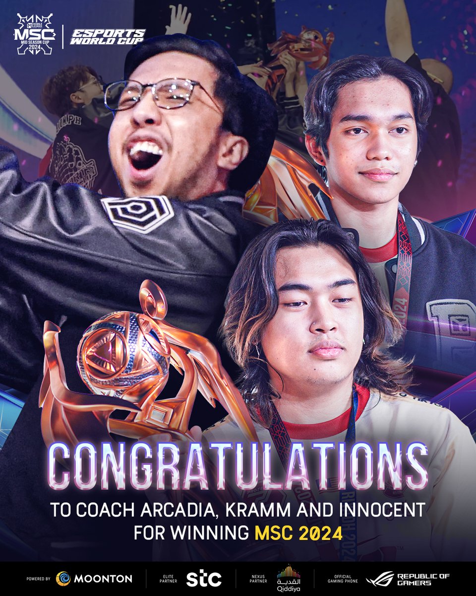 MPLPhilippines's tweet photo. The PH GIANTS of SRG! ๐ฅ
Binabati namin ang mga Kababayan nating sina Innocent, Kramm, Coach Arcadia, at ang buong SRG forfor winning MSC 2024! โค๏ธ๐
#PinasPataas #MPLPH https://t.co/FwPnIqCrT8