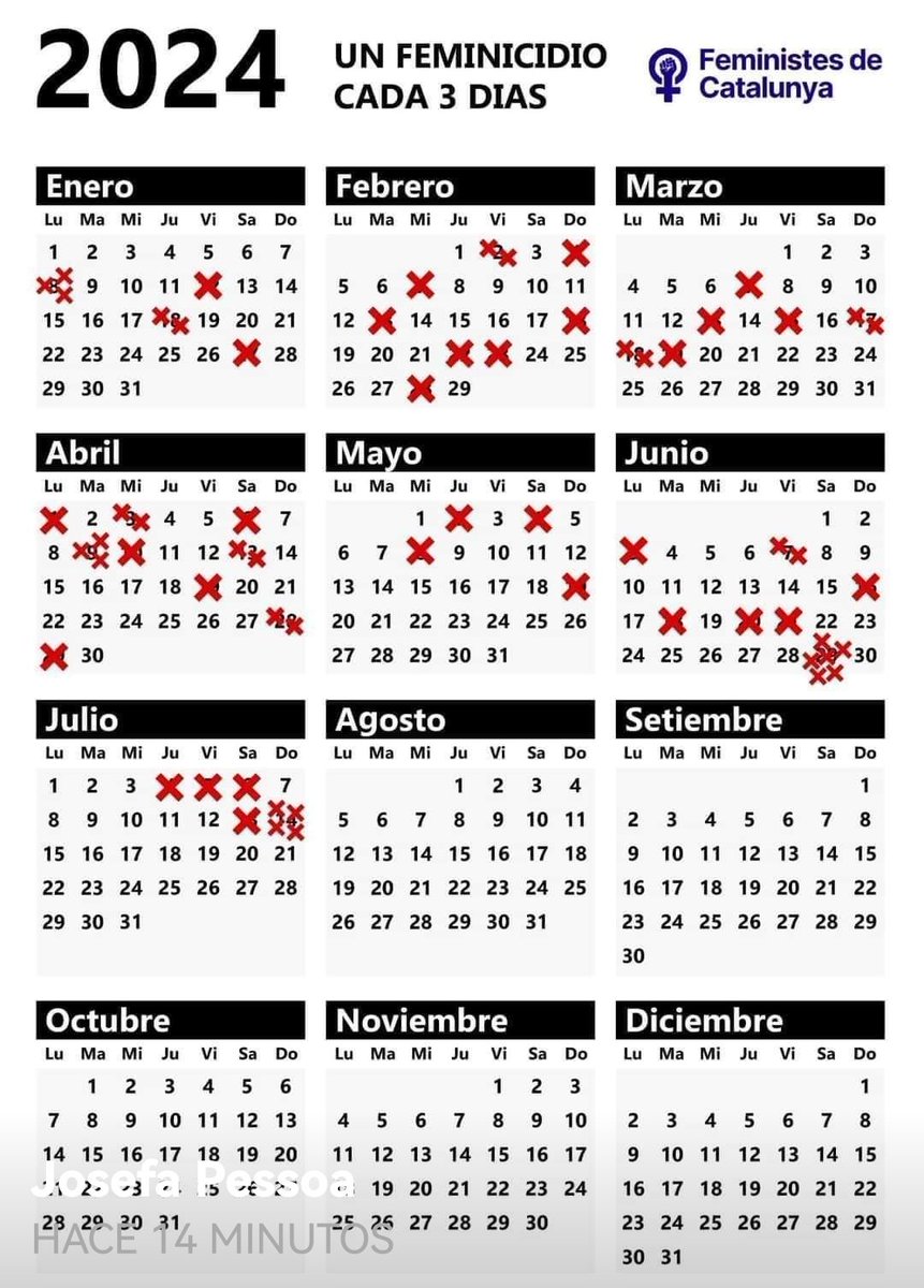 ❌Este calendario de la vergüenza.
❌Un feminicio cada tres días.
💣Para acabar con el terrorismo machista nunca hay fecha.