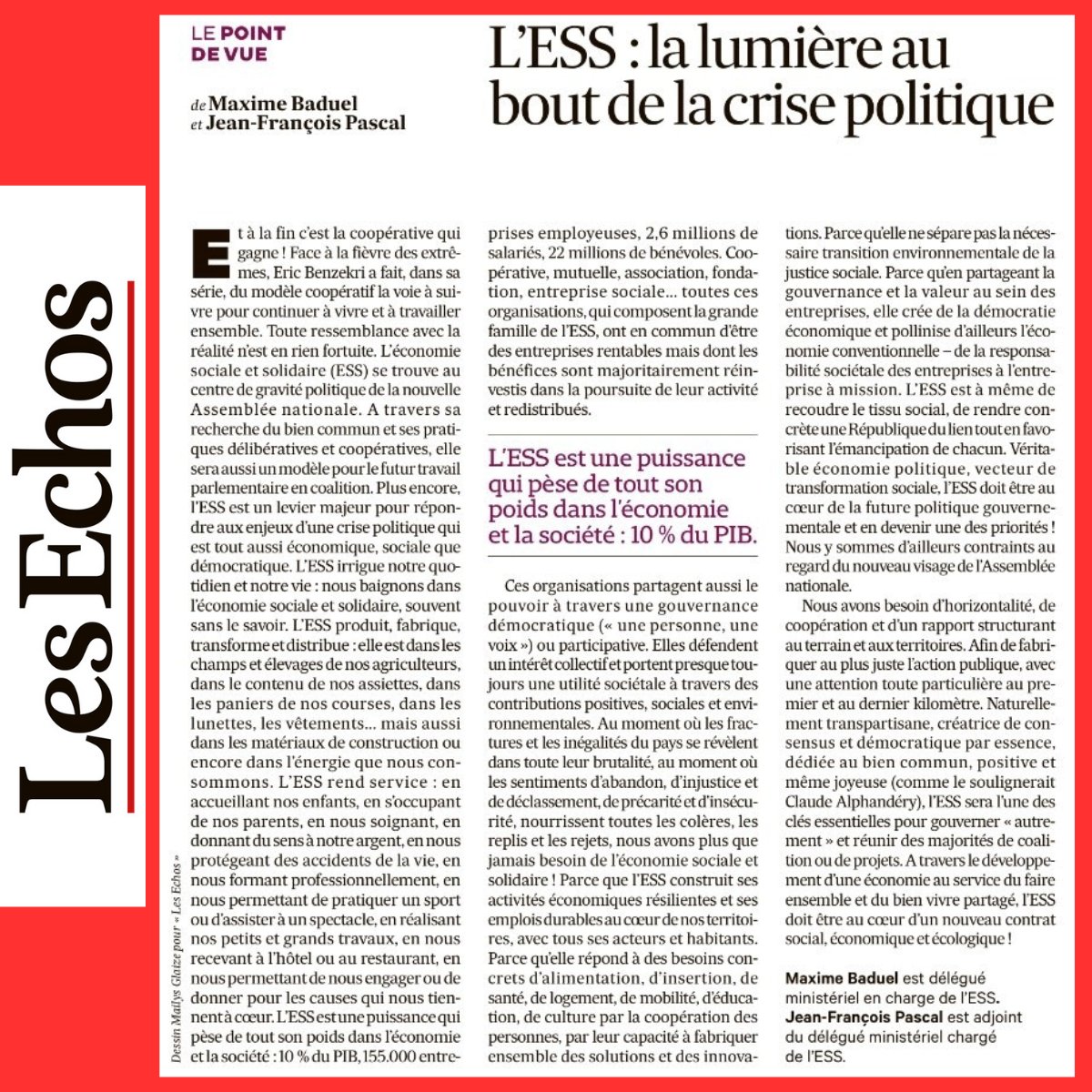 Jean-François Pascal (@jfpascal) on Twitter photo 📰A lire notre tribune, parue dans Les Echos "L'ESS : la lumière au bout de la crise politique" ! Avec <a href="/MaximeBaduel/">Maxime Baduel</a> 🖋
💥 Et à la fin c'est la coopérative qui gagne ! Face à la fièvre des extrêmes, Eric Benzekri a fait, dans sa série, du modèle coopératif la voie à suivre 📰A lire notre tribune, parue dans Les Echos "L'ESS : la lumière au bout de la crise politique" ! Avec <a href="/MaximeBaduel/">Maxime Baduel</a> 🖋
💥 Et à la fin c'est la coopérative qui gagne ! Face à la fièvre des extrêmes, Eric Benzekri a fait, dans sa série, du modèle coopératif la voie à suivre