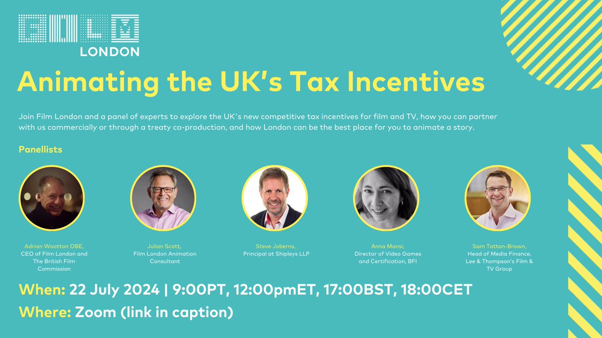 AnimationUK's tweet photo. #IndustryEvent: @Film_London will hold a tax credit webinar on 22 July, where experts will discuss the UK's new incentives, how to achieve British Film Certification, the legal and financial aspects of the system, and more.

See details here 🔗 https://t.co/eyoDxBFuao https://t.co/ObcryDcb1w