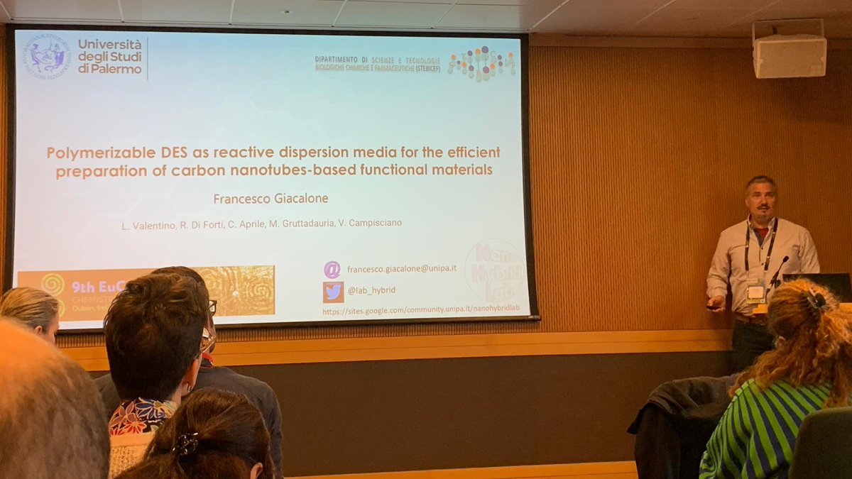 lab_hybrid's tweet photo. It was a honor to share the last results of our lab at the 9th EUCHEMS congress in Dublin (@EuChemS_Congres). Here I talked about our research on polymerizable DES as both solvent and functionalizing agents for carbon nanotubes. https://t.co/mLkGMtJq5k https://t.co/xKn9paBeA7