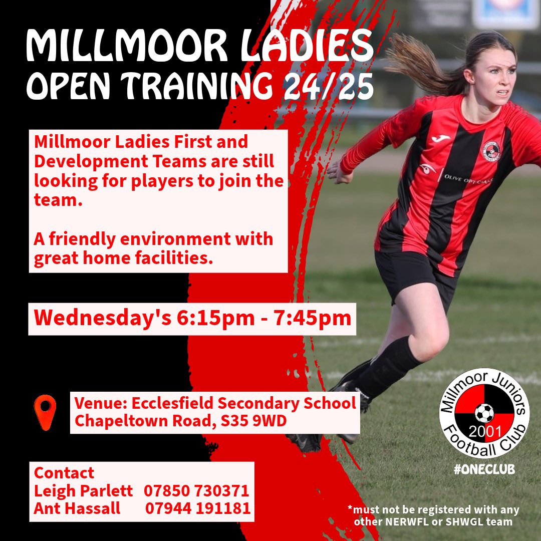 Millmoor Ladies FC (@mlfc_official) on Twitter photo 🔴⚫️🔴⚫️
We are still looking for players to come and join a great set up, coaches and players. With excellent home facilities and a friendly atmosphere. 
Open training again this Wednesday. Contact Leigh or Ant or message us on socials for info.
#oneclub 🔴⚫️🔴⚫️
We are still looking for players to come and join a great set up, coaches and players. With excellent home facilities and a friendly atmosphere. 
Open training again this Wednesday. Contact Leigh or Ant or message us on socials for info.
#oneclub