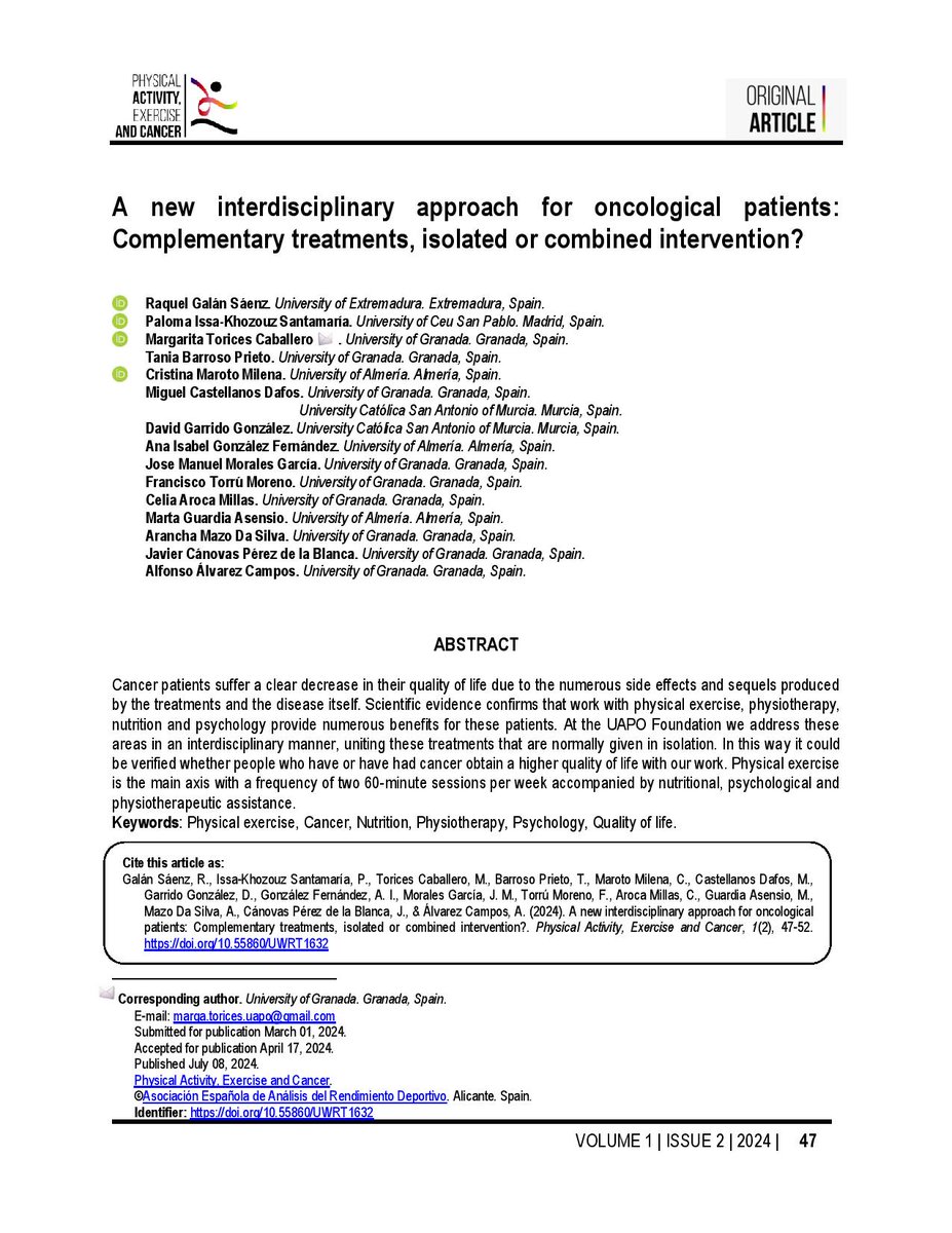 Galán Saenz, R., et al. (2024). A new interdisciplinary approach for oncological patients: Complementary treatments, isolated or combined intervention?. Physical Activity, Exercise and Cancer, 1(2), 47–52. doi.org/10.55860/UWRT1…