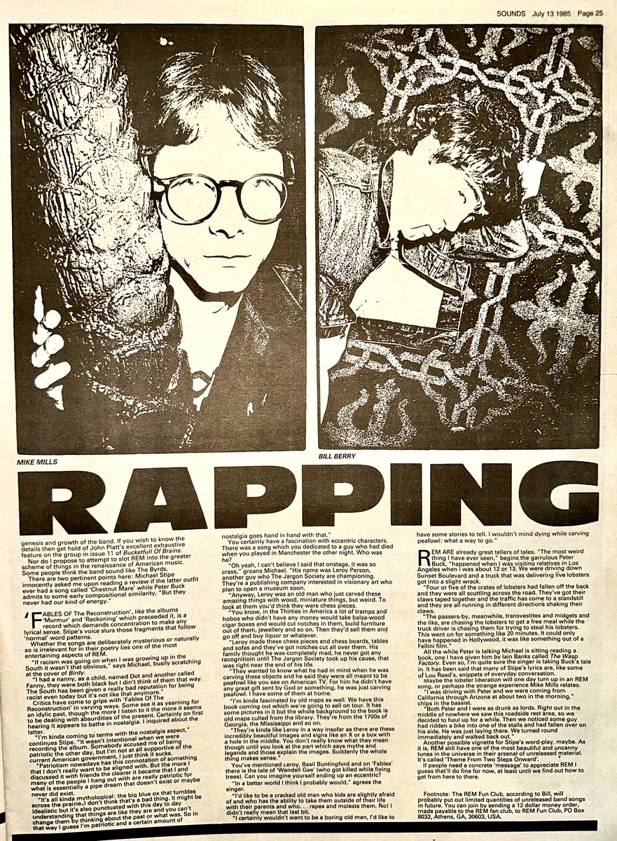 <a href="/remhq/">R.E.M. HQ</a> are promoting their newly released 3rd LP ‘Fables of the Reconstruction’ &amp; it’s already flying off the shelves on both sides of the pond. 

However, Jack Barron meets a wary, uneasy atmosphere as he tags along, though a fascinating read still results 

Sounds Jul 13th 1985