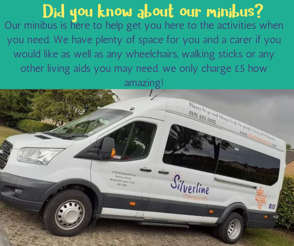 Every week from Monday till Friday our minibus will be here to help pick up your loved ones and bring them to our activity centre. If you would like us to bring in your family member why not give us a call on our number via our website silverlinememories.com.