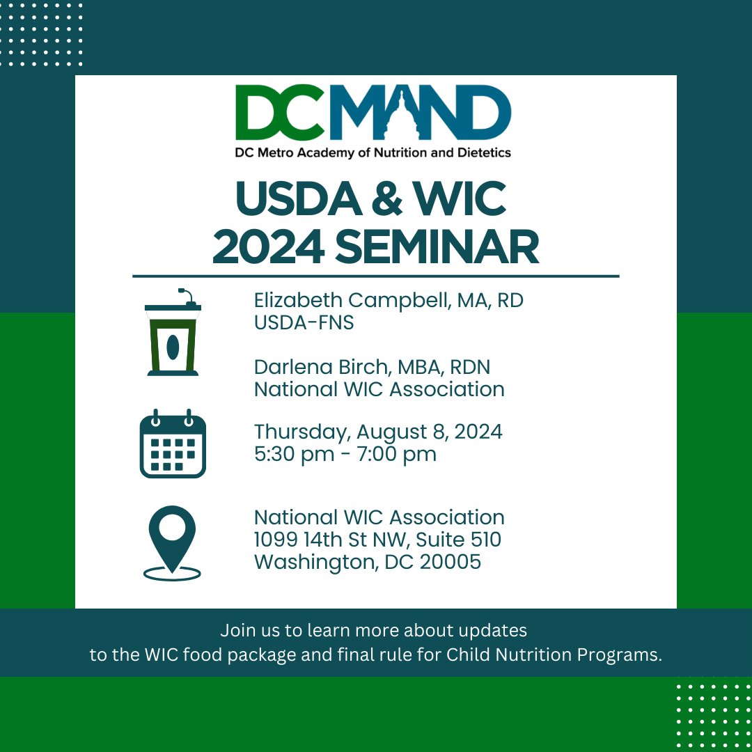 Save the date for a #USDA and #WIC-focused seminar on August 8th from 5:30 pm–7:00 pm at @<a href="/NatWICAssoc/">National WIC Association</a> with guest speakers, Elizabeth Campbell, MA, RD and Darlena Birch, MBA, RDN. The event will  include time for networking with other members. Registration details to follow.