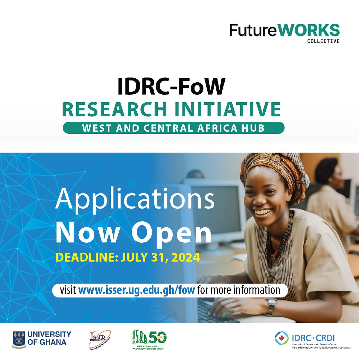 Only 16 days left to apply for the IDRC-FoW Research Initiative! Secure funding up to CAD100,000 to research how digital technologies can create employment opportunities in green and gig economy, focusing on marginalized groups. 
Apply by July 31, 2024! isser.ug.edu.gh/fow/request-pr…