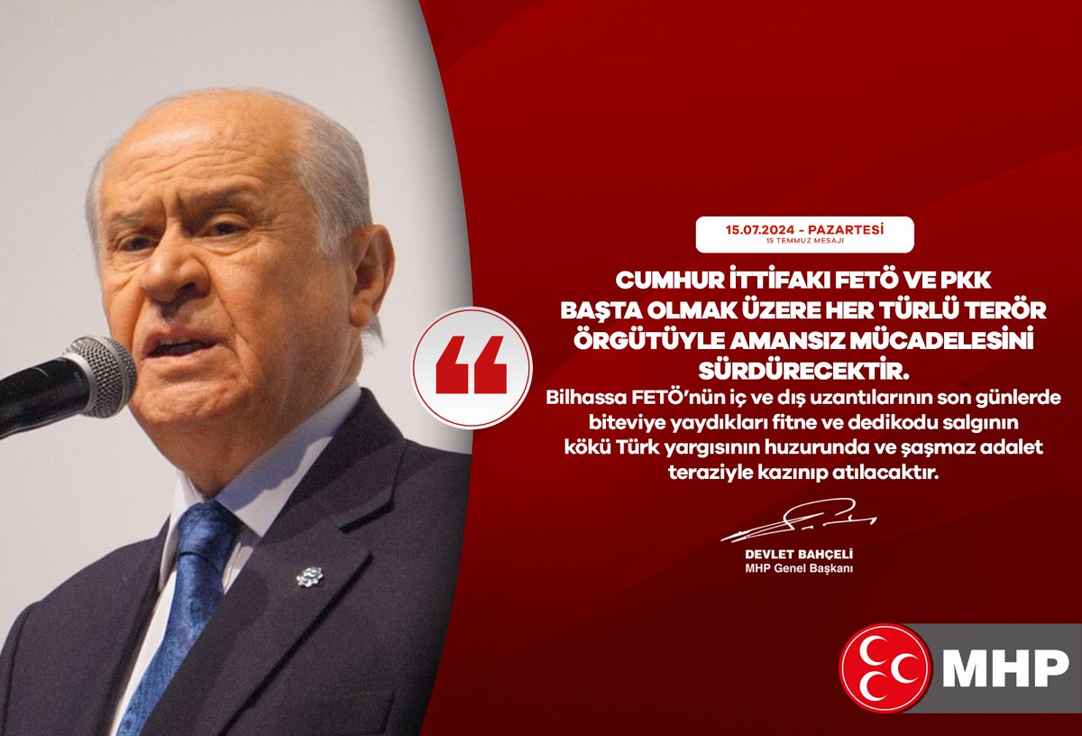 MHP_Bilgi's tweet photo. Cumhur İttifakı FETÖ ve PKK başta olmak üzere her türlü terör örgütüyle amansız mücadelesini sürdürecektir.
Bilhassa FETÖ’nün iç ve dış uzantılarının son günlerde biteviye yaydıkları fitne ve dedikodu salgının kökü Türk yargısının huzurunda ve şaşmaz adalet teraziyle kazınıp atılacaktır.

MHP Genel Başkanı
Devlet BAHÇELİ