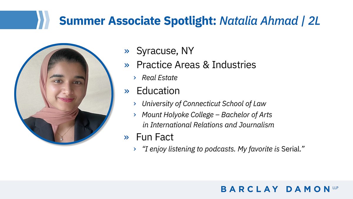 BarclayDamonLLP's tweet image. Barclay Damon is pleased to welcome Natalia Ahmad, 2L summer associate, to our #Syracuse office. Natalia has joined the firm from the University of Connecticut School of Law. #Welcome, Natalia! #SummerAssociate