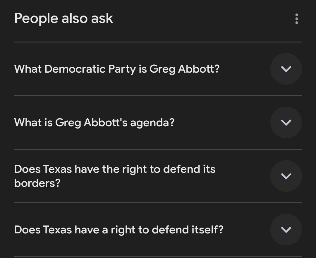 andiewonna's tweet photo. Nobody in history has ever asked Google 75% of the things that come up when you google "Greg Abbott platform".

One nonsense question and two questions you ask only rhetorically from a podium. https://t.co/uI6KcCU3Im