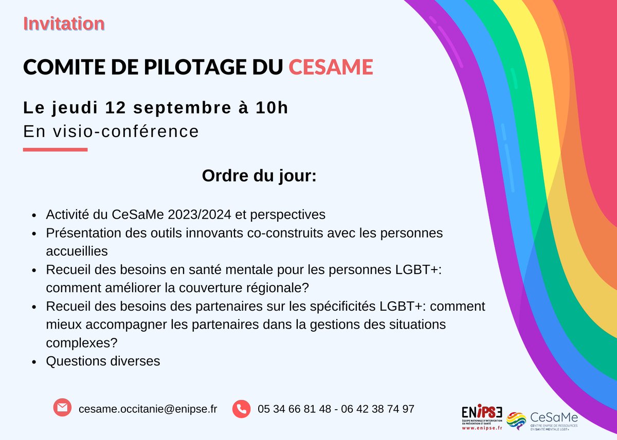 L'association ENIPSE vous convie à sa réunion du Comité de Pilotage en visio conférence. Le jeudi 12 septembre de 10h à 12h30.
chemsex.2pao.fr/2024/07/15/com… 
#LGBT #SanteMentale #Addiction #Occitanie