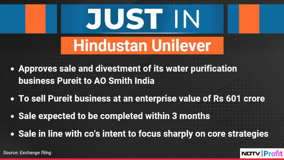 NDTVProfitIndia's tweet photo. #HindustanUnilever approves sale and divestment of its water purification business #Pureit to #AOSmith #India.
For the latest news and updates, visit: https://t.co/NKSVSeIu63 https://t.co/6a6aN9TCNz