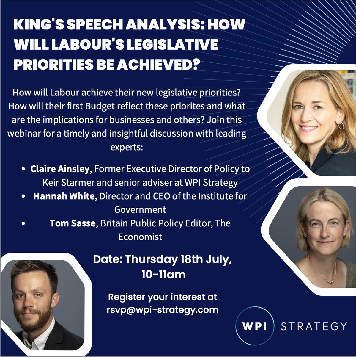 WPI Strategy (@wpi_strategy) on Twitter photo Join our expert panel this Thursday for this timely webinar with <a href="/claire_ainsley/">Claire Ainsley</a> , <a href="/DrHannahWhite/">Hannah White</a> , and <a href="/tom_sasse/">Tom Sasse</a> to unpack Labour's first King's Speech.
Register your interest here, wpi-strategy.com/news Join our expert panel this Thursday for this timely webinar with <a href="/claire_ainsley/">Claire Ainsley</a> , <a href="/DrHannahWhite/">Hannah White</a> , and <a href="/tom_sasse/">Tom Sasse</a> to unpack Labour's first King's Speech.
Register your interest here, wpi-strategy.com/news