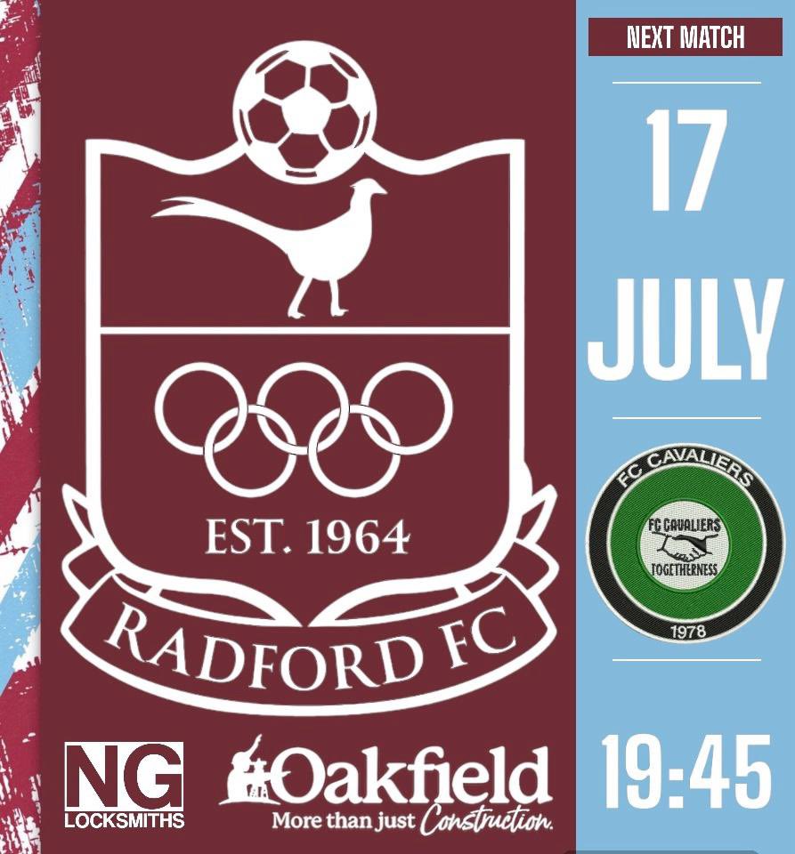 Radford v FC Cavalier Wednesday 17th 7.45 kickoff Ng7 5NA