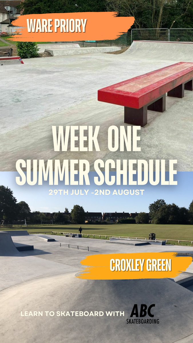 ☀SUMMER HOLIDAY SKATEBOARD LESSONS - WEEK ONE 
- Croxley Green Skatepark
-Ware Priory Skatepark 

- Starting 29th July 🛹⁠
⁠
Book 5 or more lessons and get 10% off at checkout on all group summer lessons.⁠
⁠
Booking at abcskateboarding.co.uk
#abcskateboarding