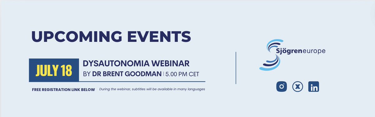 SjogrenEurope's tweet photo. SAVE THE DATE - 18th july 2024📣

Free, open to anyone and subtitles in many languages. 🌍
To register :
https://t.co/fT5bqPy0sj

#webinar #dysautonomia #unmetneeds #Sjogren #worldsjogrenday #neurological https://t.co/yqeBhUv4Xi