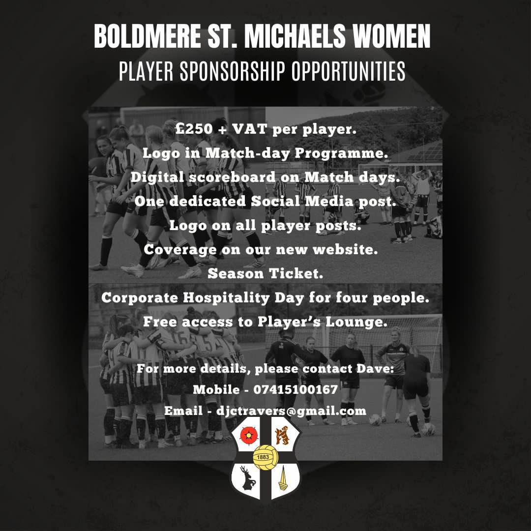 I’m looking for a sponsor for this upcoming season. ⚽️

Please share with anyone you think may be interested. 

Feel free to message me with any questions 🙏🏻

<a href="/Boldmere_WFC/">Boldmere St. Michaels Women FC</a>