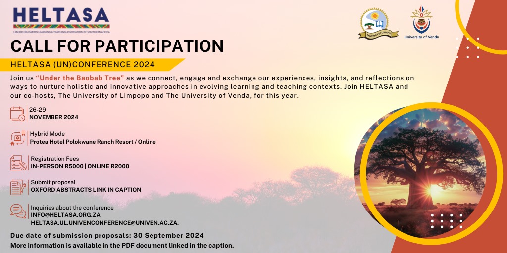Join us for the HELTASA (UN)Conference 2024. Let's engage and network with brilliant minds. 💥💡

Oxford Abstracts - app.oxfordabstracts.com/stages/75969/s…

More Information - tinyurl.com/kcuxmysn

#HELTASA #Conference2024 #Education