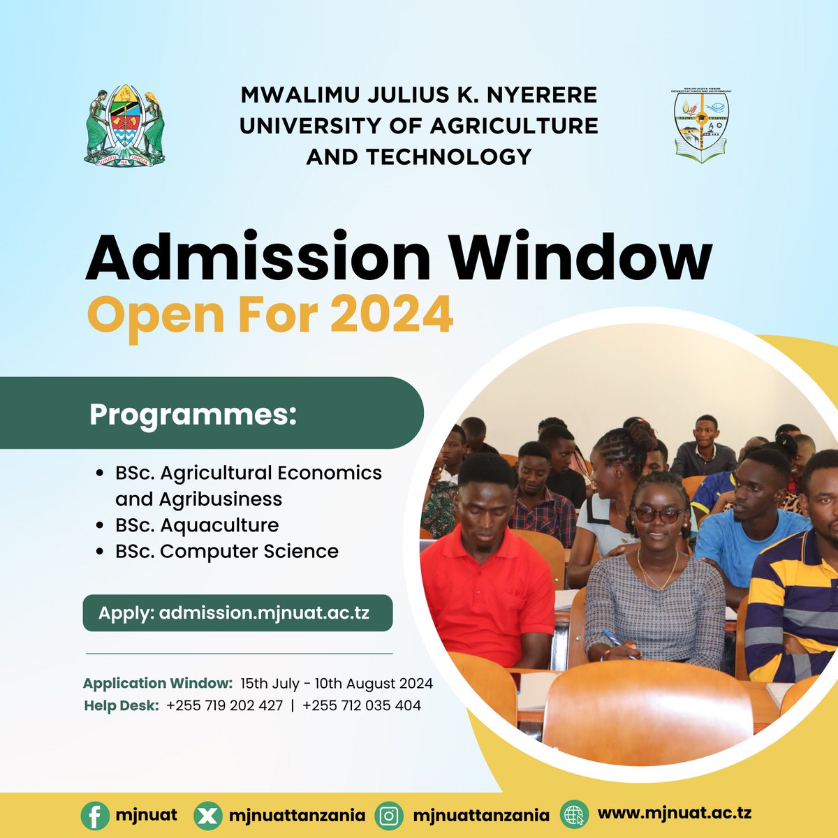 Chuo Kikuu cha Mwalimu Julius K. Nyerere cha Kilimo na Teknolojia (MJNUAT) – Butiama kimeanza kupokea maombi ya udahili kwa ngazi ya shahada ya kwanza. Maombi yanafanyika kupitia admission.mjnuat.ac.tz. Mwisho wa kupokea maombi ni 10/08/2024. Wote mnakaribishwa.