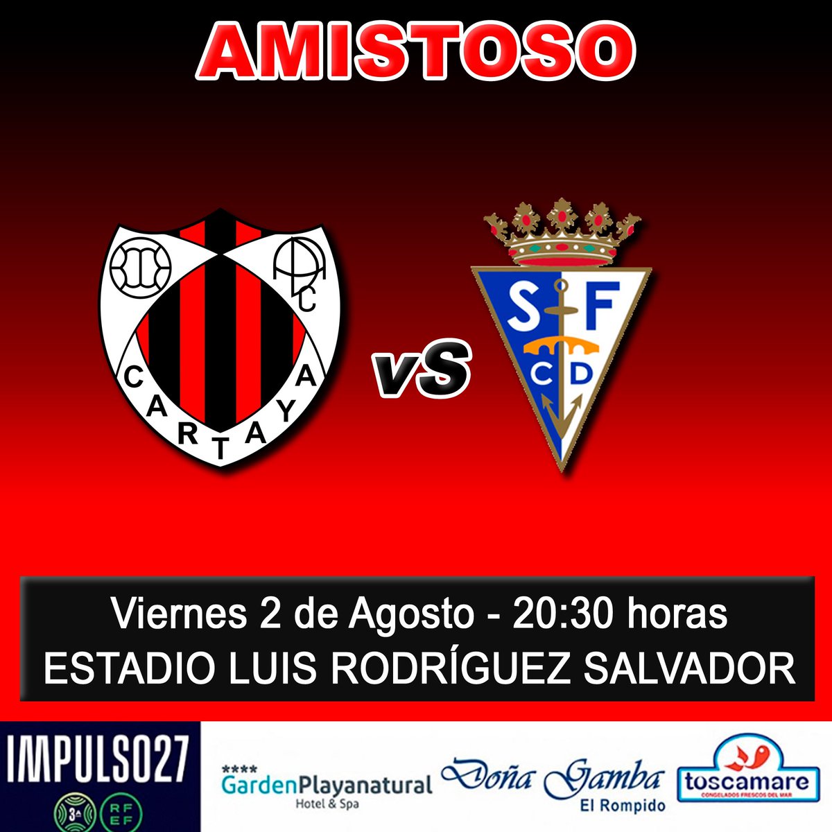⚽️ NUEVO AMISTOSO

El día 2 de Agosto recibiremos al <a href="/SanFernando_CD/">San Fernando CD</a>, equipo de 2ª RFEF.

Las entradas de este partido, al igual que la de los partidos ante Sevilla Atco y Atco Onubense, las podréis comprar en el Estadio Luis Rodríguez Salvador o en la web adcartaya.deporges.com