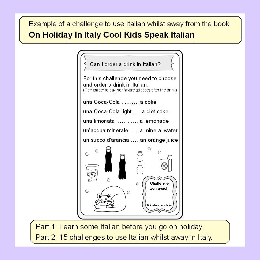FunItalian_kids's tweet photo. It's great to encourage kids to use Italian when they go to Italy.  My book On Holiday In Italy Cool Kids Speak Italian has useful phrases to learn and challenges to use Italian whilst away.  Amazon link is https://t.co/igQNrBzIs2 RRP £5.99 #HolidayItalian #Italy #Italianphrases https://t.co/LRY9919MOx