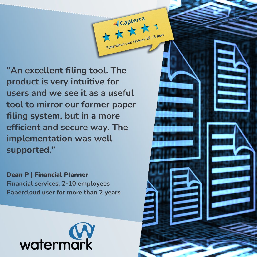 watermark_tech's tweet photo. We help IFAs, insurance brokers, and SMEs who want to jump from outdated software to Papercloud. Book an online demo. https://t.co/JmGwBrpfCr

#paperless #documentmanagement https://t.co/wBJTzwq1ix
