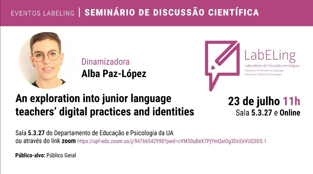 Alba Paz (@ai_bapaz) on Twitter photo 🚀 Exciting News! 🚀 I'll be presenting my research at the Education and Languages Lab <a href="/UniAveiro/">UAResearch</a>! Excited about this opportunity to receive feedback and grow 🪴✨
📅 23 July 11am
🔗 Public attendance via Zoom #Research #LanguageEducation
blogs.ua.pt/cidtff/?p=67243 🚀 Exciting News! 🚀 I'll be presenting my research at the Education and Languages Lab <a href="/UniAveiro/">UAResearch</a>! Excited about this opportunity to receive feedback and grow 🪴✨
📅 23 July 11am
🔗 Public attendance via Zoom #Research #LanguageEducation
blogs.ua.pt/cidtff/?p=67243
