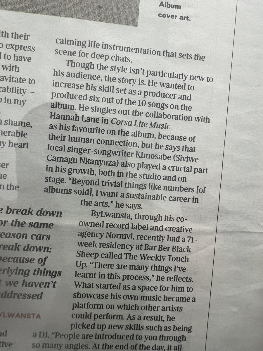 ByLwansta's tweet photo. “For stories to have a resonance with their audience, the writer must be able to express his vulnerability” - @Gyre_SA 📝

#THECHIPISStALE for @SundayTimesZA 🗞️🎵

Physical touch needs = Satisfied 😌♥️

#stopignoringthesigns 🙏🏾
#YESOFCORSA 🚘

🎧🎤 https://t.co/uhu1i70hHT https://t.co/b63nbPNUJr