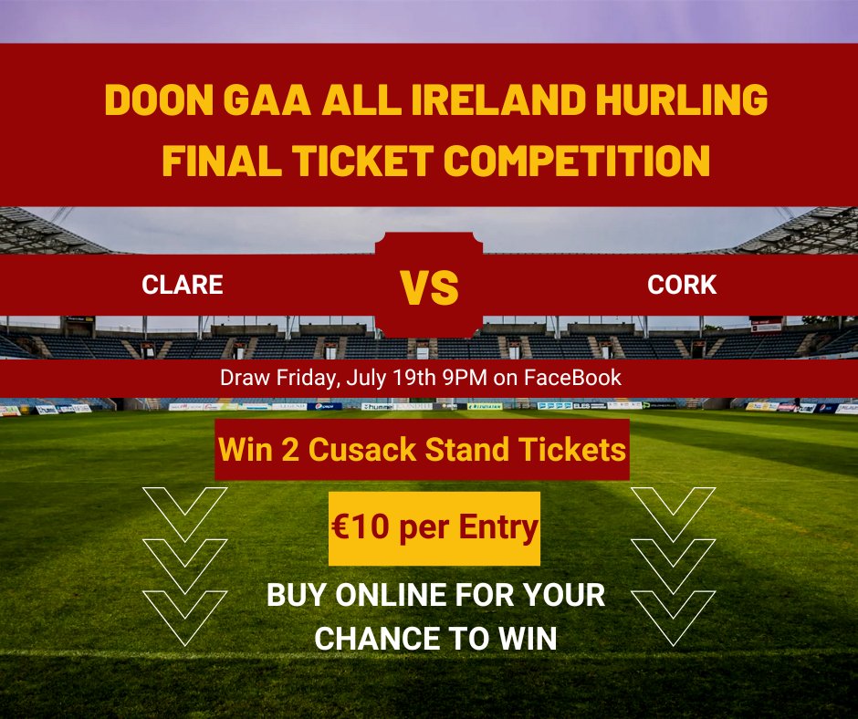 DoonGaaClub's tweet image. Reminder: Only 3 days left to support our mini fundraiser, For only €10 you can win a pair of Cusack Stand Tickets for the All Ireland Hurling Final. Ticket sales close at 5pm Friday evening. The winner will be  announced at 7pm. To enter go to  buy.stripe.com/dR69CFdKN8mc58…