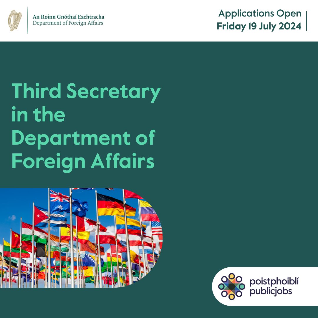 publicjobs (@publicjobsie) on Twitter photo 🌟 Exciting Opportunity Alert! 🌟
The Third Secretary in the Department of Foreign Affairs competition opens this Friday, July 19th, 2024!
Head over to publicjobs.ie to register an account and check out the <a href="/dfatirl/">Irish Foreign Ministry</a> website for more info!
#CareersThatMatter 🌟 Exciting Opportunity Alert! 🌟
The Third Secretary in the Department of Foreign Affairs competition opens this Friday, July 19th, 2024!
Head over to publicjobs.ie to register an account and check out the <a href="/dfatirl/">Irish Foreign Ministry</a> website for more info!
#CareersThatMatter