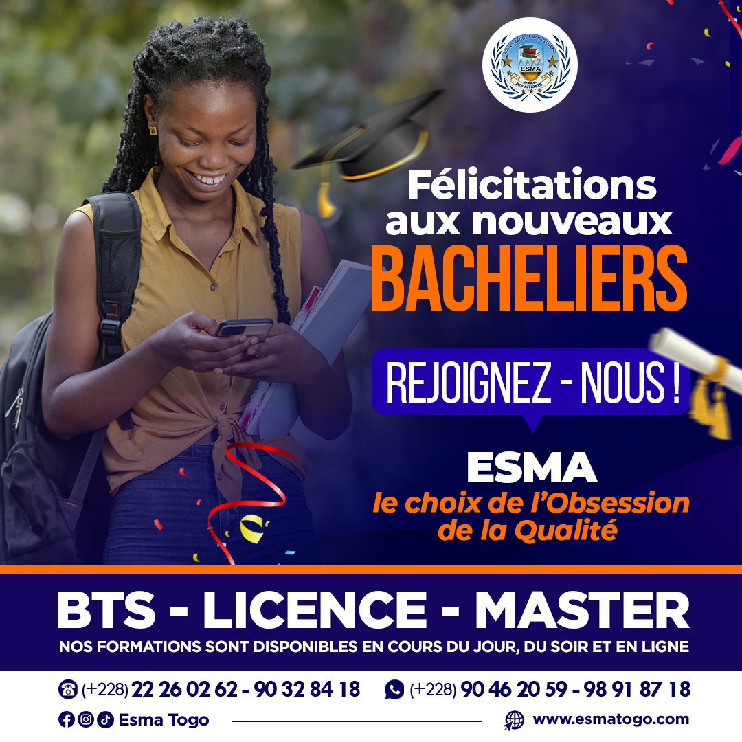 EcoleEsma's tweet photo. ESMA École Supérieure de Management des Affaires envoie toutes les félicitations aux nouveaux bacheliers session de juin 2024.Contacts TOGO au numéro+22890462059 et au TCHAD+23562700458 inscrivez-vous à ESMA, le choix de l'obsession de la qualité https://t.co/FAj3sofmY1