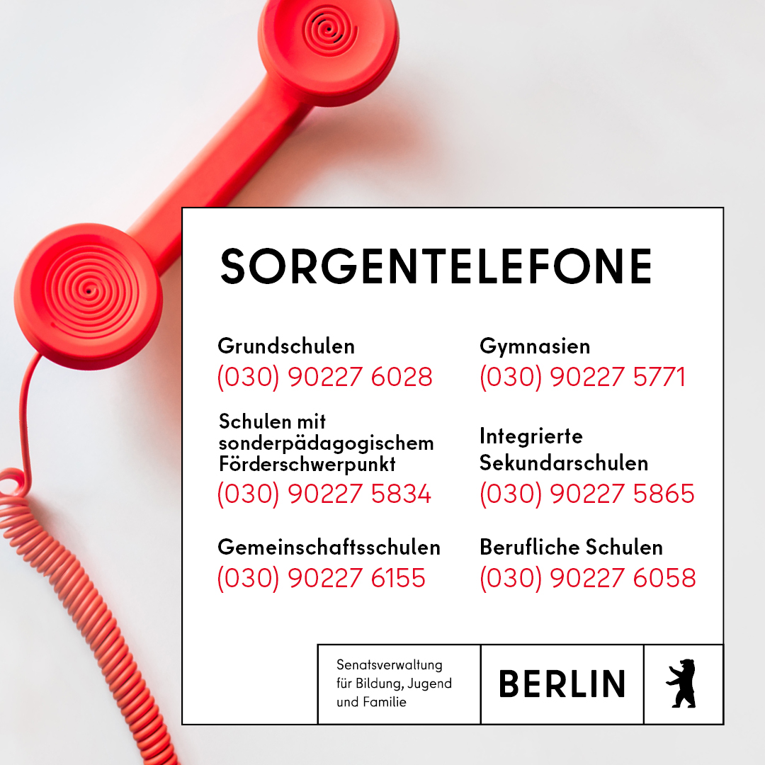 Am Mittwoch gibt es Zeugnisse in Berlin. Wenn das Zeugnis Sorgen bereitet oder Fragen aufwirft, sind die☎️ Sorgentelefone am 17. Juli von 10-13 Uhr für Kinder, Jugendliche und Eltern erreichbar.