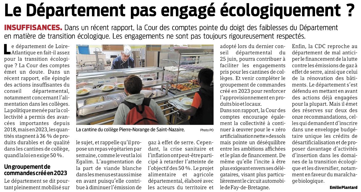 <a href="/presseocean/">Presse Océan</a> : « La Cour des comptes pointe du doigt quelques faiblesses du département de la Loire-Atlantique en matière de transition écologique. Les engagements ne sont pas toujours rigoureusement respectés. » #ecologie