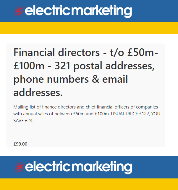 New_Directors's tweet photo. Finance directors and CFOs of companies with annual sales of between £50m and £100m. https://t.co/BKKPQmql3d
1 of 8 marketing lists on offer at 20% discount for summer 2024. https://t.co/CvMzMsJG8I