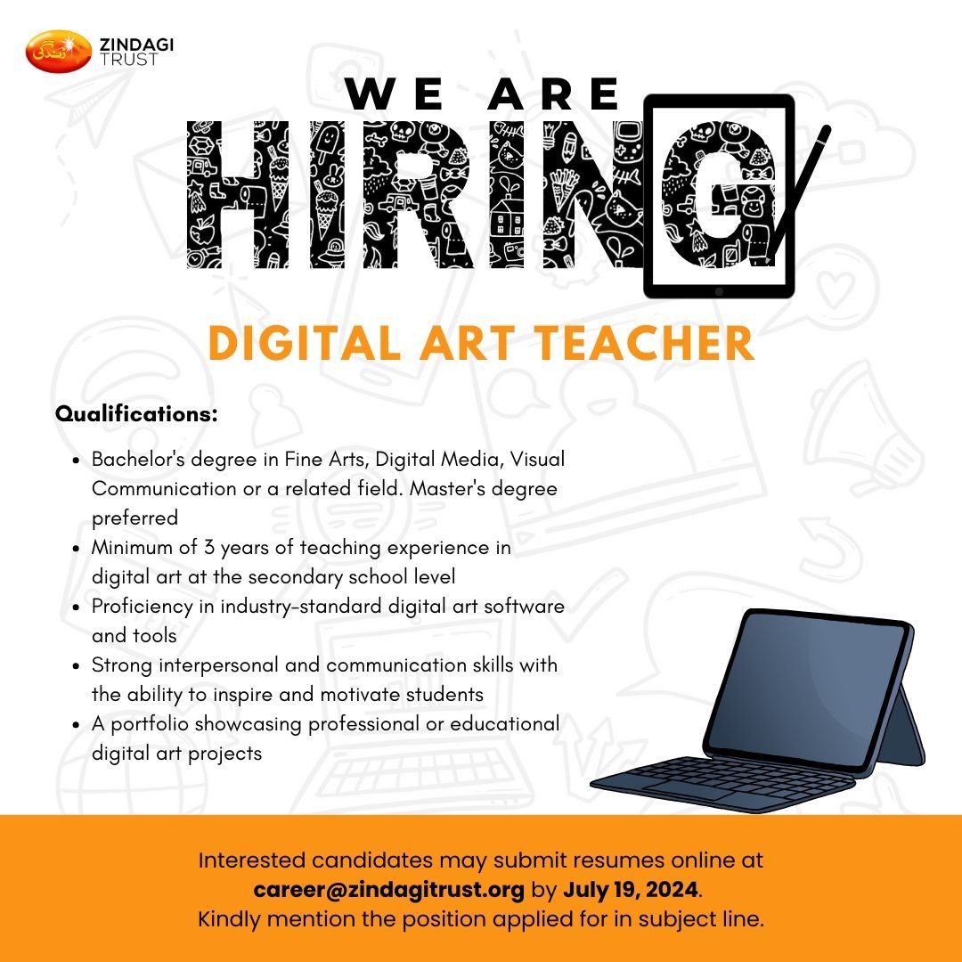 ZindagiTrust's tweet image. Zindagi Trust is #actively seeking candidates for the #position mentioned for our adopted schools in Karachi.
Please share your #resume at career@zindagitrust.org and mention the position applied for in subject line.
