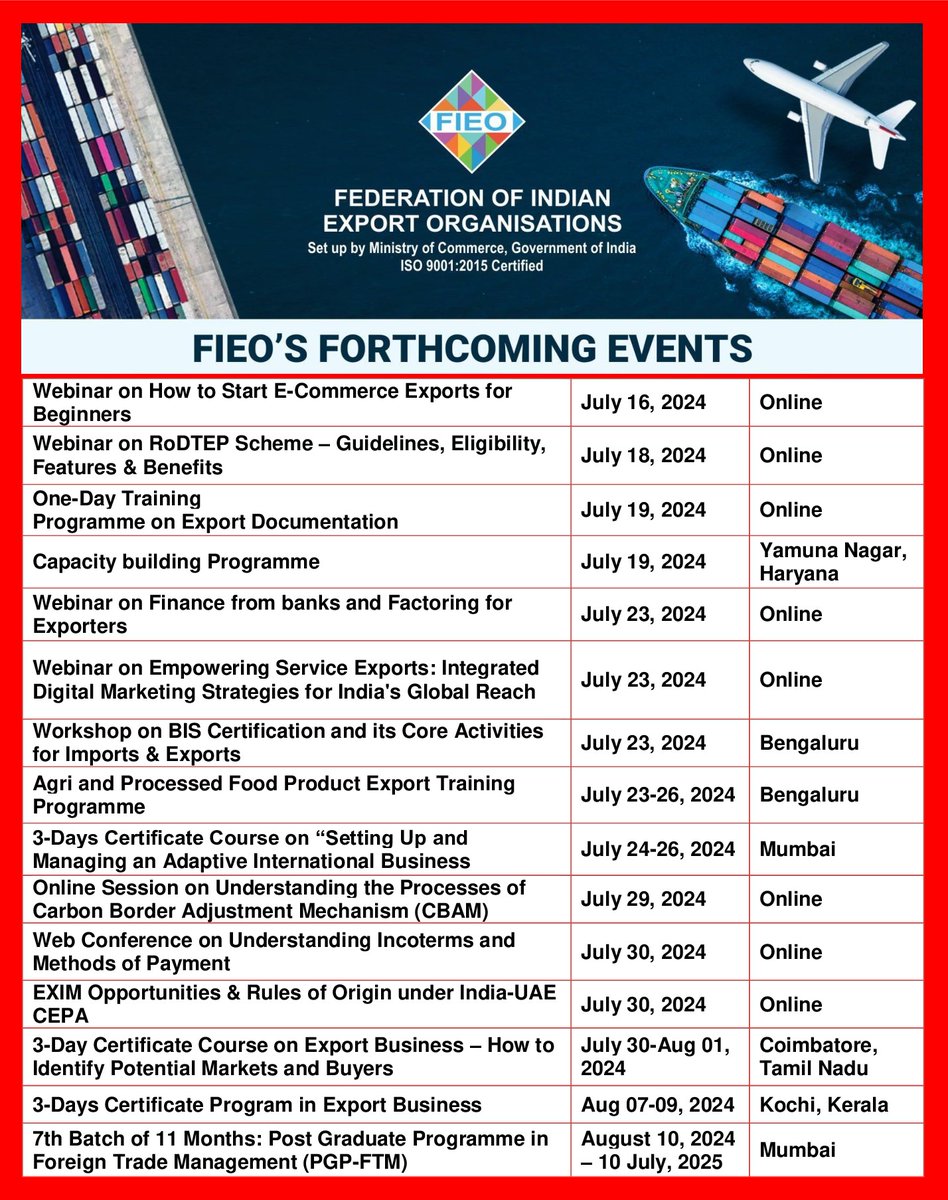 FieoHq's tweet photo. 🌏Stay ahead with FIEO!
Don't miss our upcoming events across India. Explore exports, MSMEs, SEZs, trade finance, logistics, customs, GST and more.
Join us to seize new business opportunities!
Visit👉https://t.co/8TqJn02Wnc
#FIEOEvents https://t.co/CQr7ukIsu1