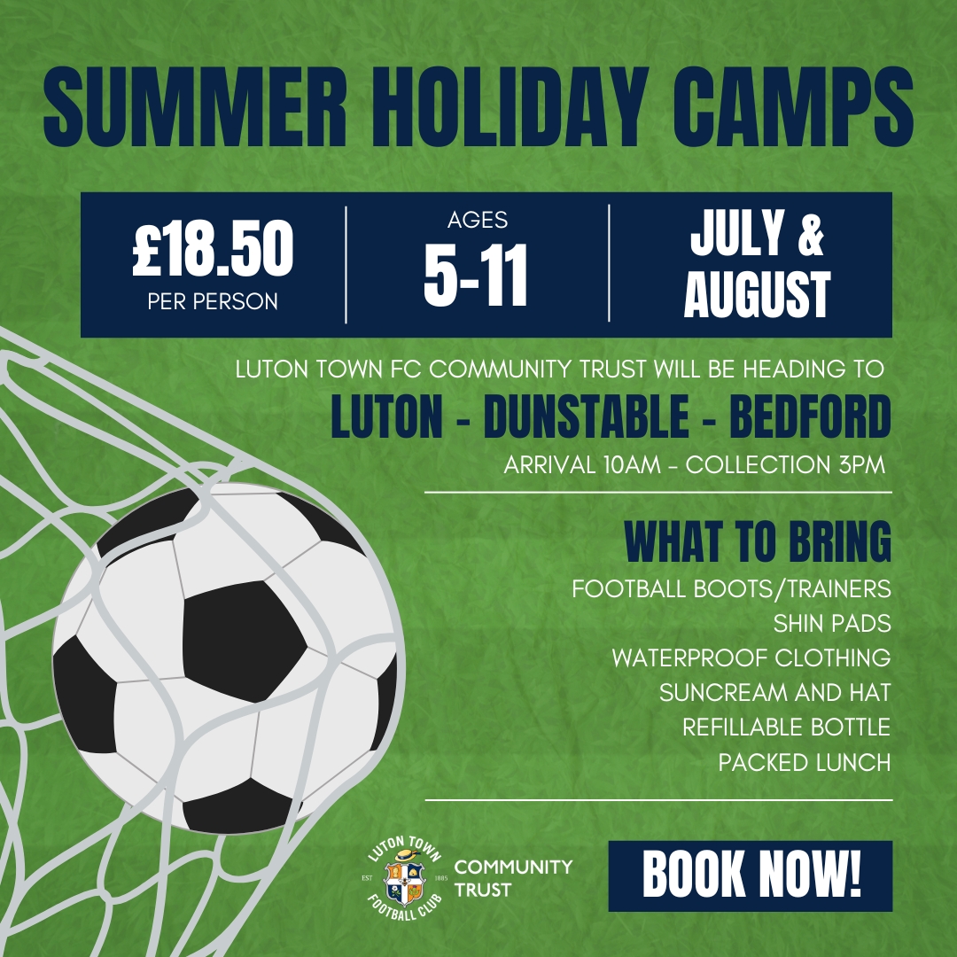 LutonTownCT's tweet image. NOT LONG UNTIL SUMMER HOLIDAYS⚽️!!!

Booking is now live for our Summer Holiday Camps! We will be coming to Luton, Dunstable, and Bedford⚽️

All children between the ages of 5 – 11 are invited to join us. Our camps provide the perfect place for young people to improve their…