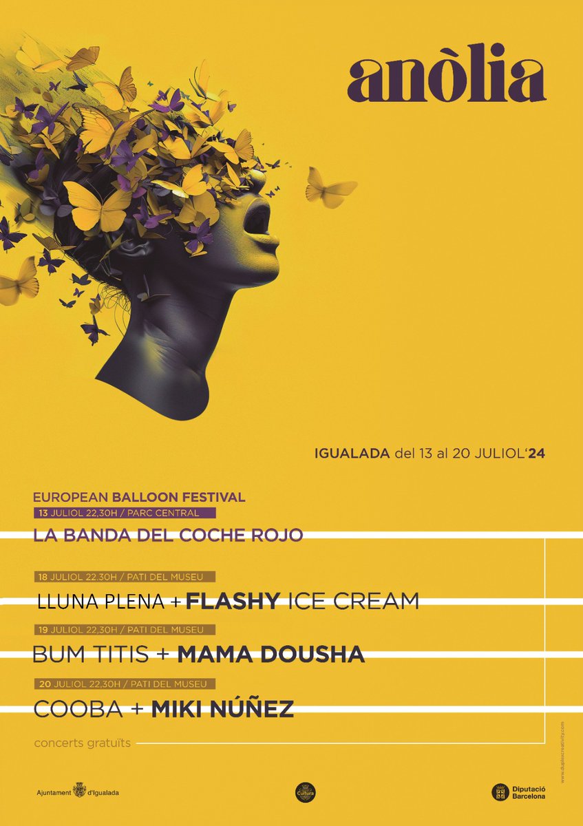 Anòlia Igualada (@anolia_igualada) on Twitter photo Us presentem el cartell actualitzat de l'#anolia24 amb
<a href="/mikinunez/">Miki Núñez</a> com a cap de cartell, els <a href="/flashy_icecream/">flashy ice cream</a> i Lluna plena aquest dj. 18 de juliol, <a href="/DoushaMama/">Mama Dousha</a> + Bum Titis i Cooba al pati del Museu. Tots els concerts són gratuïts! Més info a tuit.cat/rfldj Us presentem el cartell actualitzat de l'#anolia24 amb
<a href="/mikinunez/">Miki Núñez</a> com a cap de cartell, els <a href="/flashy_icecream/">flashy ice cream</a> i Lluna plena aquest dj. 18 de juliol, <a href="/DoushaMama/">Mama Dousha</a> + Bum Titis i Cooba al pati del Museu. Tots els concerts són gratuïts! Més info a tuit.cat/rfldj