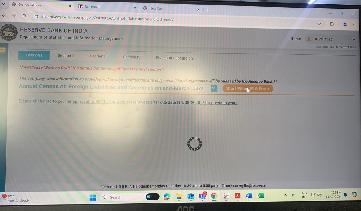 RushitGhelani's tweet photo. Thanks to @RBI @RBIsaysβs flawless FLAIR portal, I've had the joy of staring at this screen since morning. Today's the due date for FLA returns, but hey, no rush! π @ShaktikantaRBI
#EfficiencyAtItsFinest #TechGlitchesGalore https://t.co/SswES5lgwM