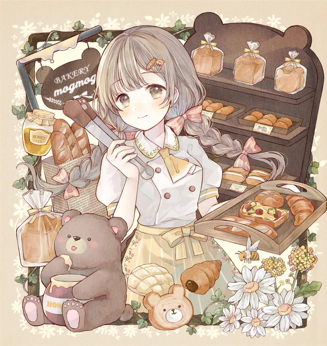 食いしん坊くまの子とパン屋の女の子 #オリジナル  #創作 #イラスト